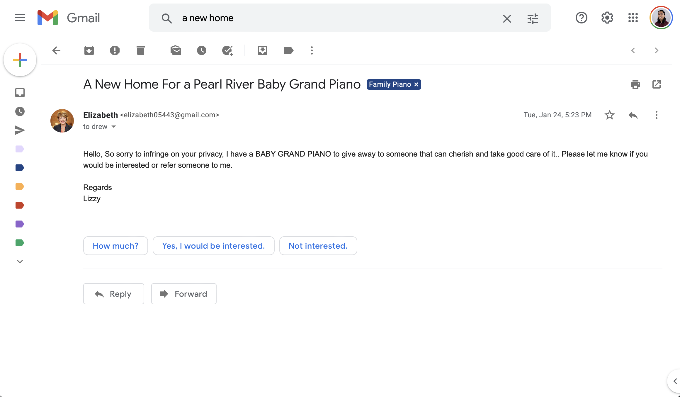 Email "A New Home for a Pearl River Baby Grand Piano" that notes a scammer has a "BABY GRAND PIANO to give away"