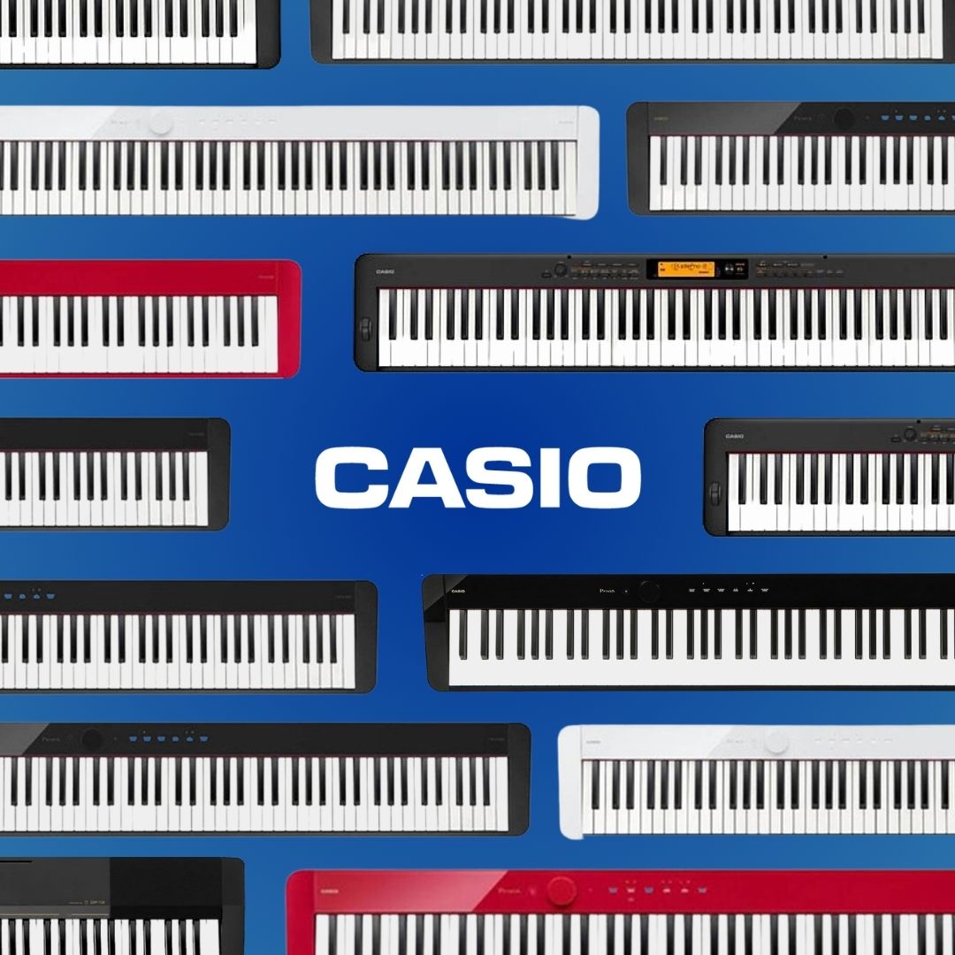 Casio logo against a blue background with a variety of digital pianos.