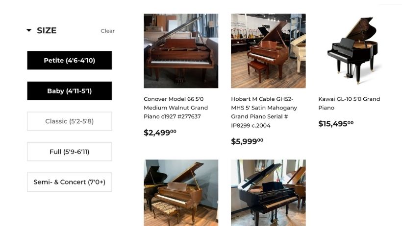 Size Filters on Family Piano's Online Store