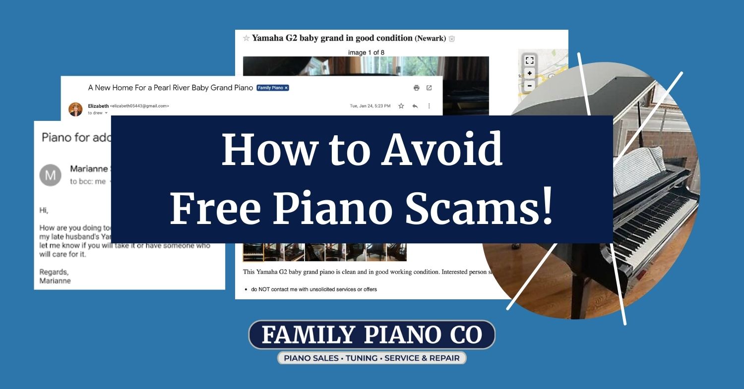 Blog post graphic for free piano scams and avoiding the baby grand giveaway.