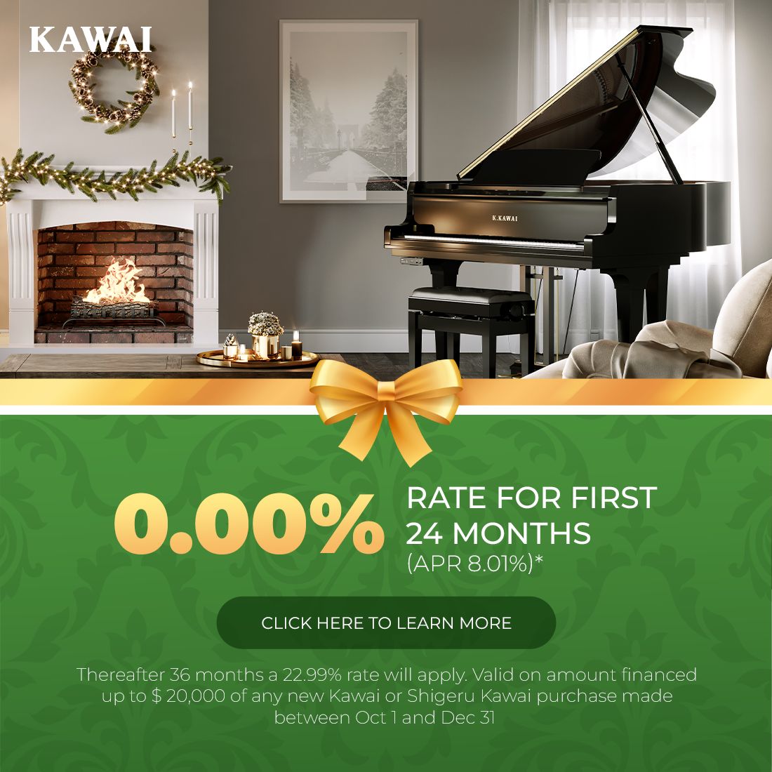 Kawai piano financing special: Home for the Holidays 2024