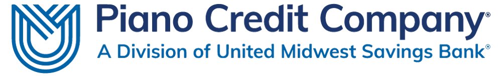 Piano Credit Company Wordmark Logo, A Division of United Midwest Savings Bank tagline underneath