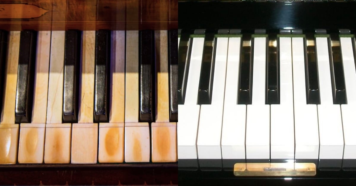 Left: Yellowing and Wear on an Old Piano's Keyboard. Right: New Piano with White Keys