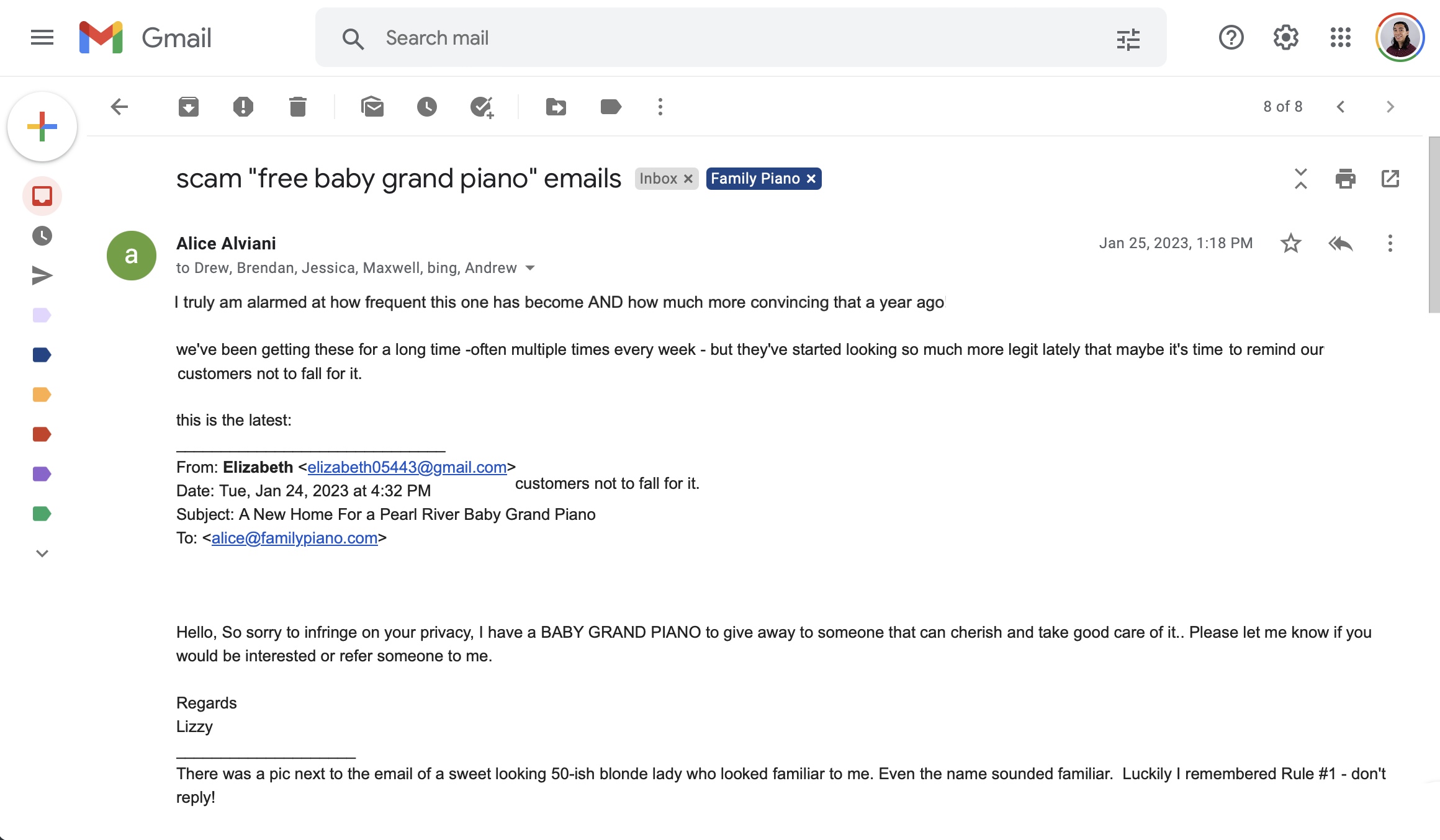 Email from Alice Alviani noting the scam free baby grand piano emails.