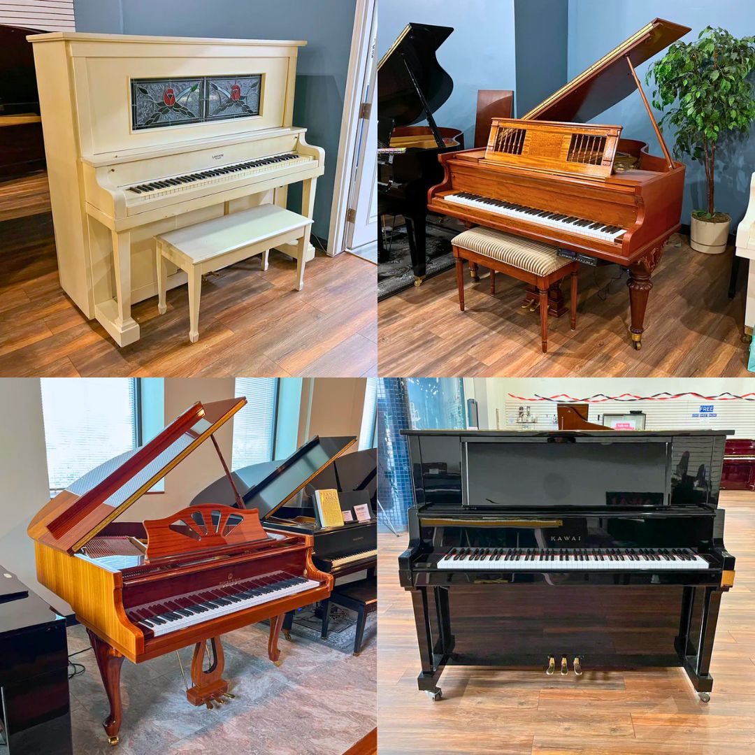 Grid of four unique used pianos for sale: Lakeside Player Upright, Ivers & Pond Grand, Story & Clark Prelude Grand and Kawai US75 Upright.